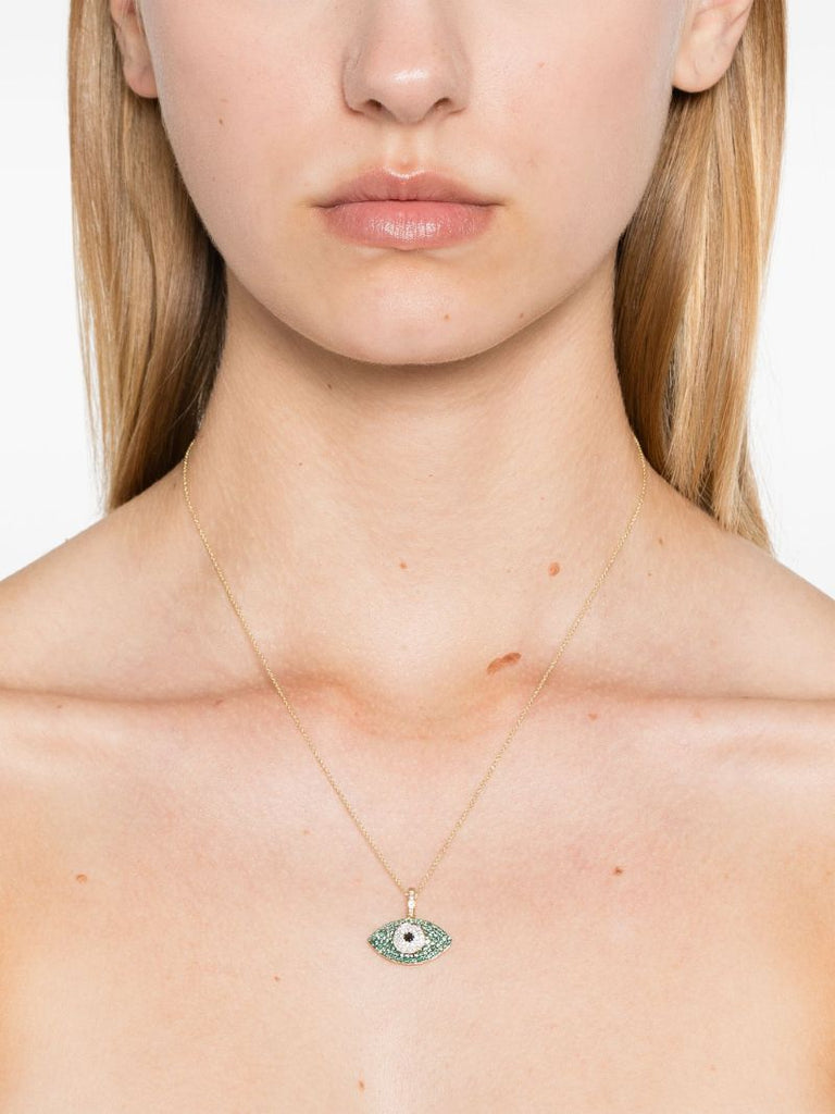 14k Yellow Gold Evil Eye Emerald Diamond Necklace