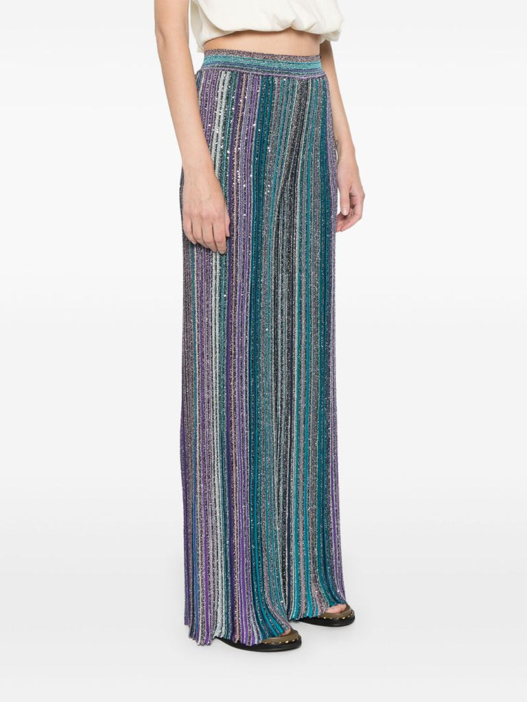 Blue Sequin-embellished Striped Palazzo Pants