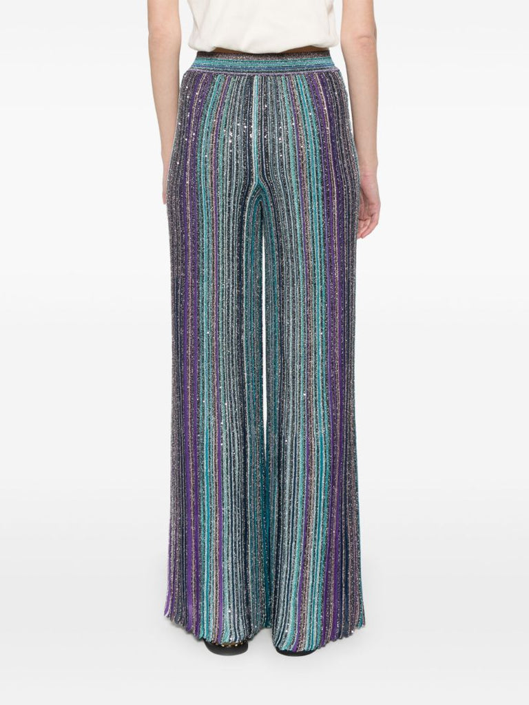 Blue Sequin-embellished Striped Palazzo Pants