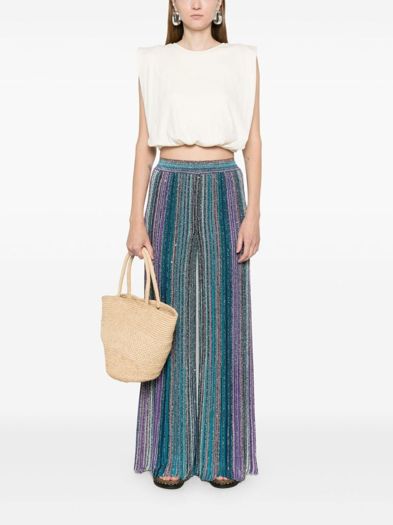Blue Sequin-embellished Striped Palazzo Pants