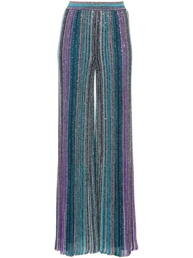 Blue Sequin-embellished Striped Palazzo Pants