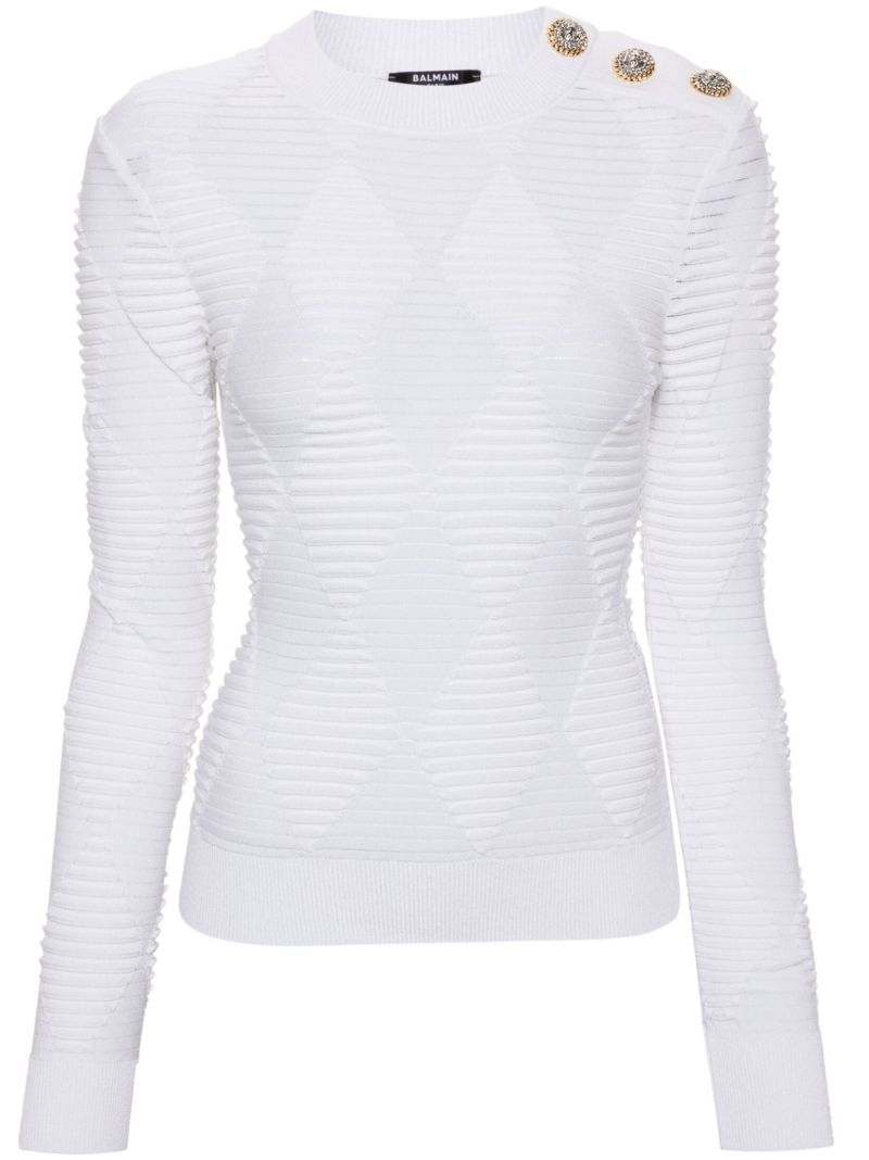 White Argyle-knit Crew-neck Sweater