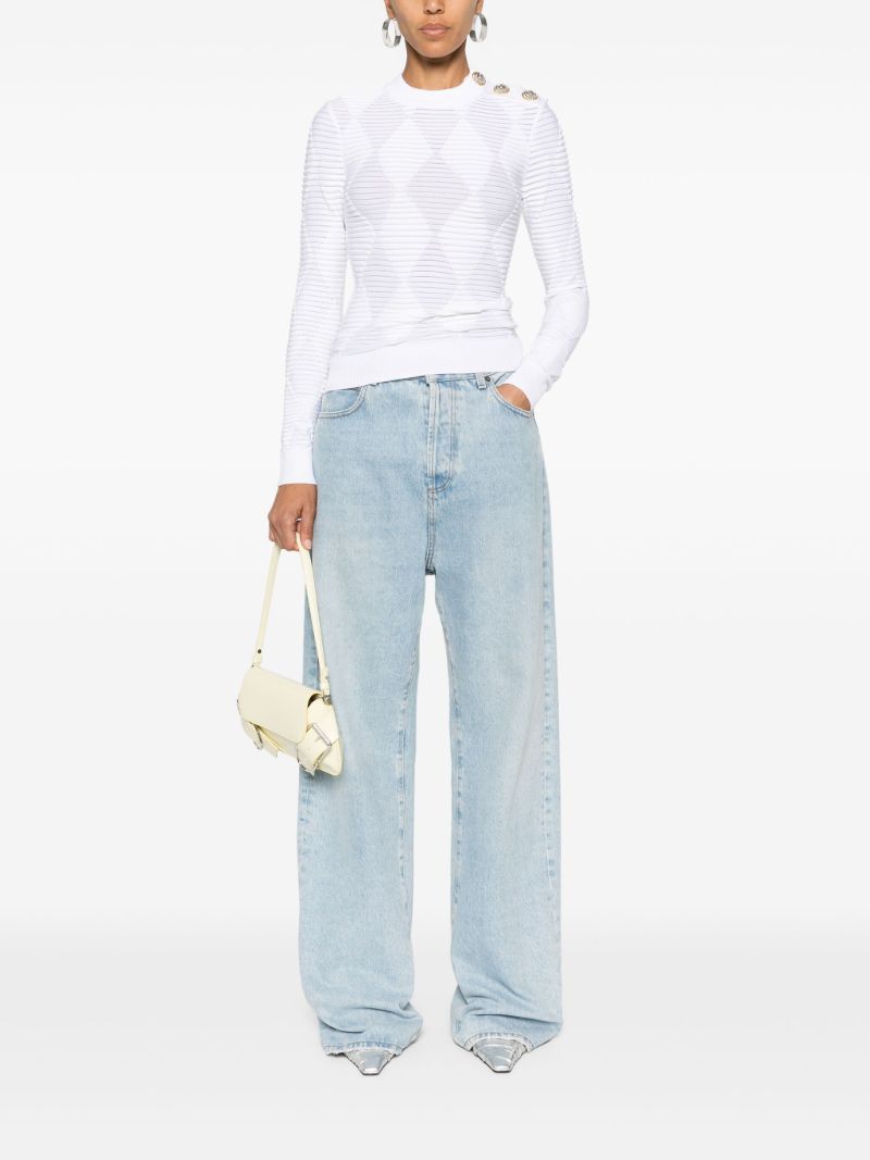White Argyle-knit Crew-neck Sweater