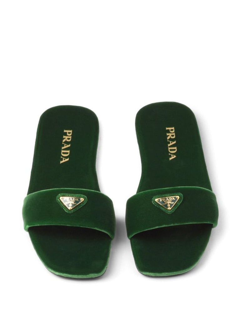 Green Triangle Logo Velvet Slides