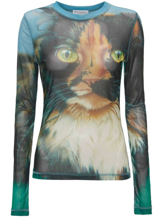 Blue Cat-print Sheer Top