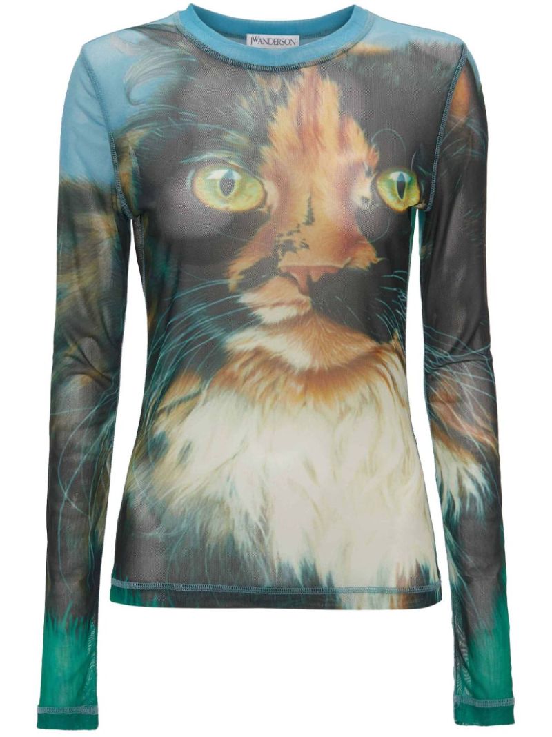 Blue Cat-print Sheer Top