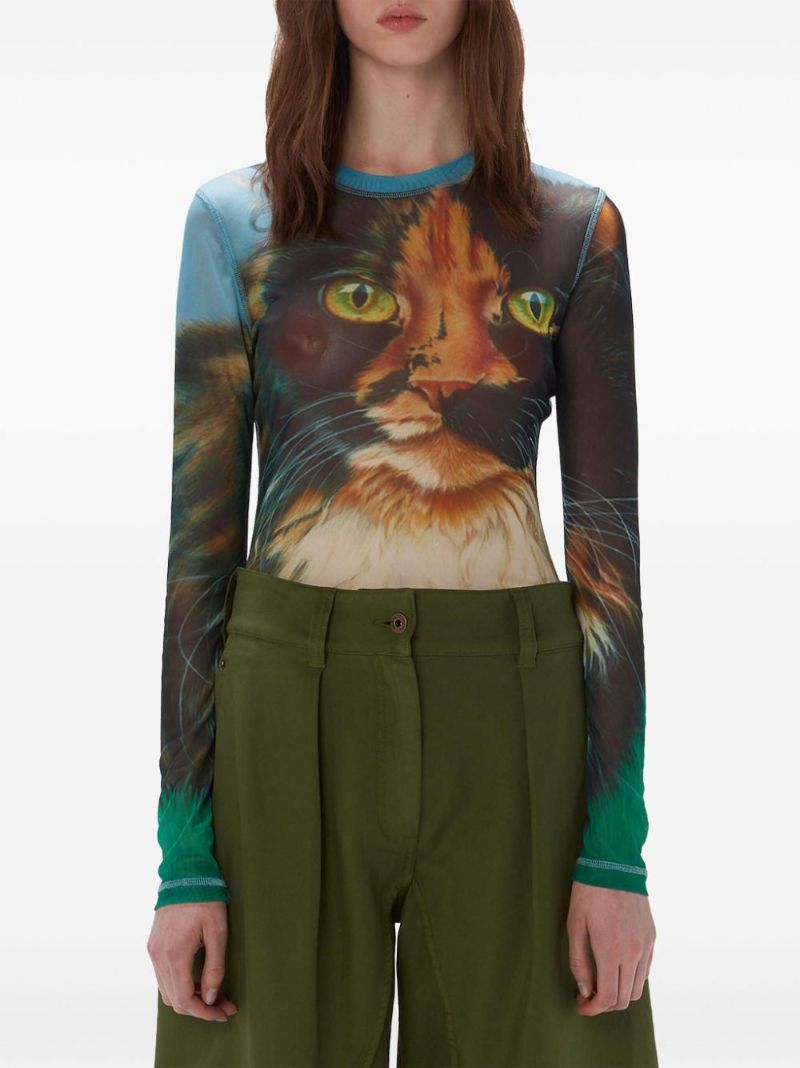 Blue Cat-print Sheer Top