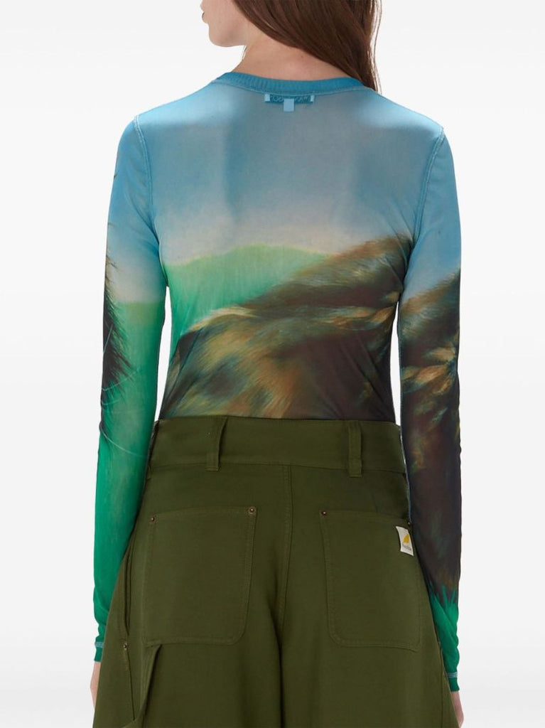 Blue Cat-print Sheer Top