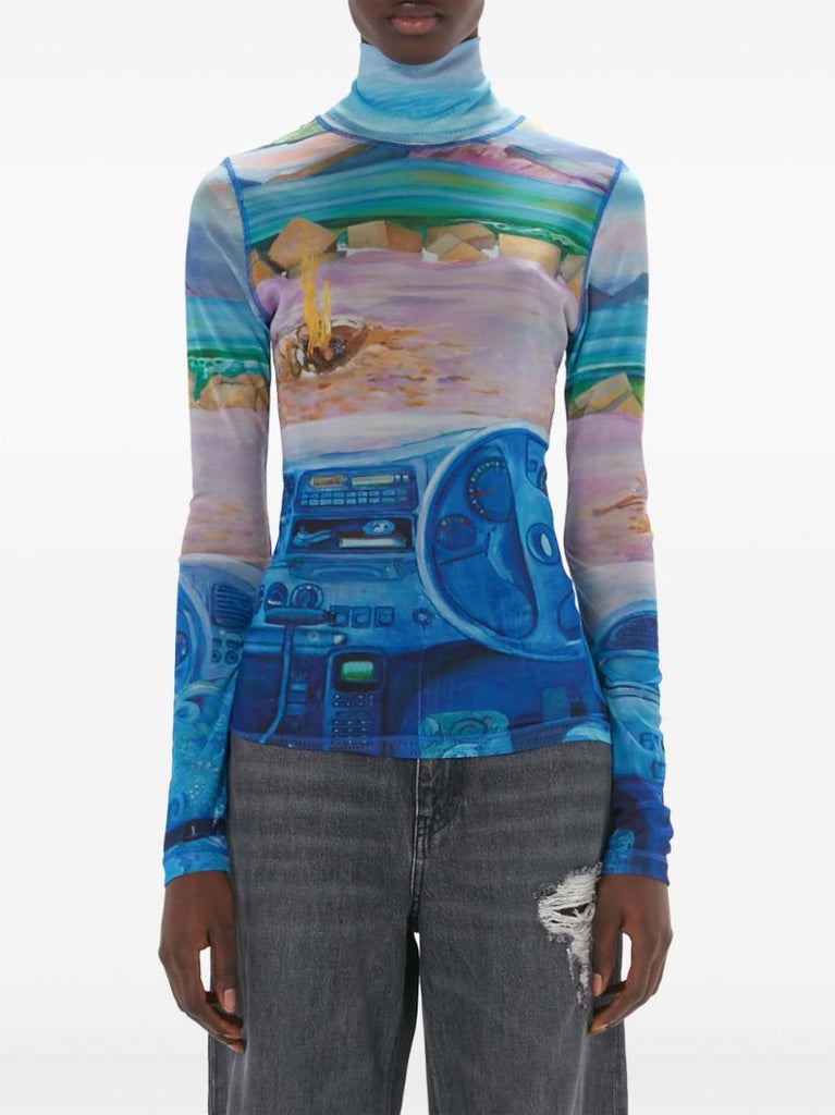 Blue Camper-print Sheer Top