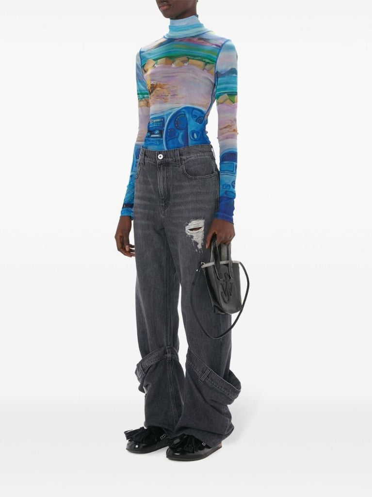 Blue Camper-print Sheer Top