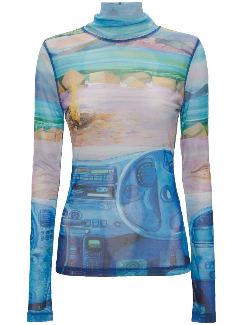Blue Camper-print Sheer Top