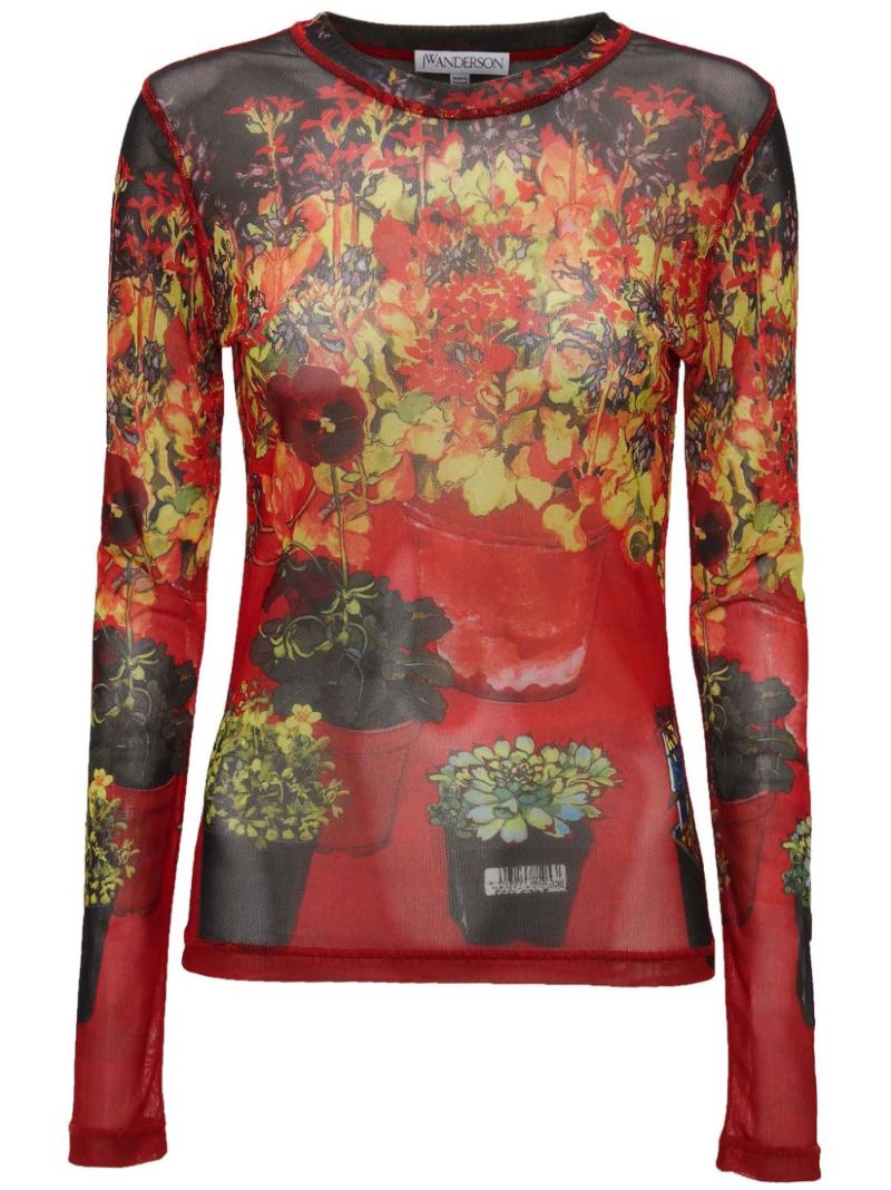 Red Flower Pot-print Sheer Top