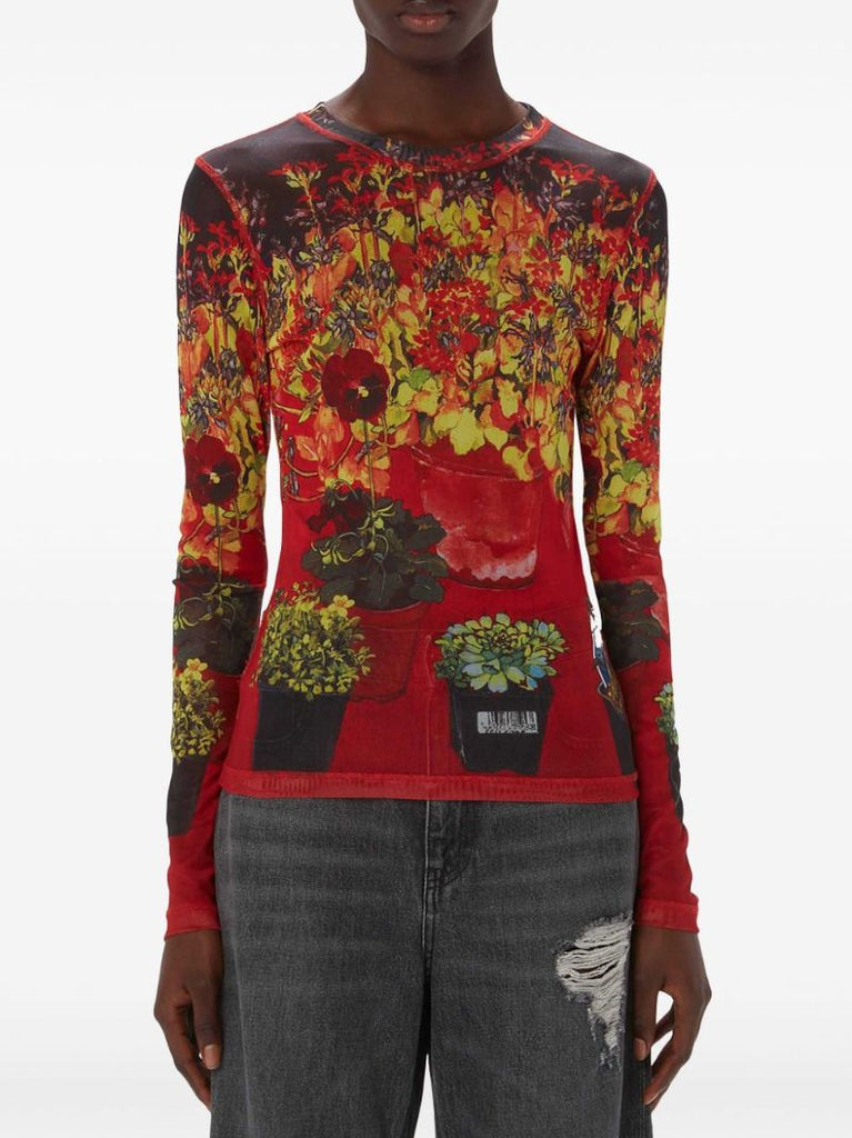 Red Flower Pot-print Sheer Top