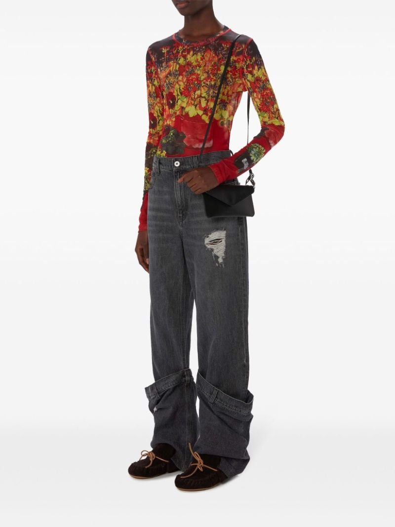 Red Flower Pot-print Sheer Top