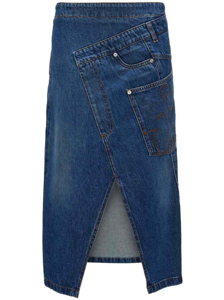 Blue Twisted Denim Midi Skirt