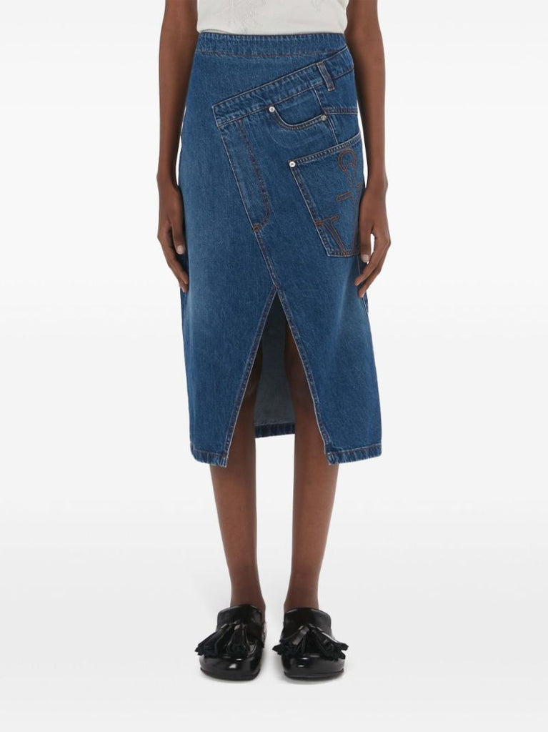Blue Twisted Denim Midi Skirt