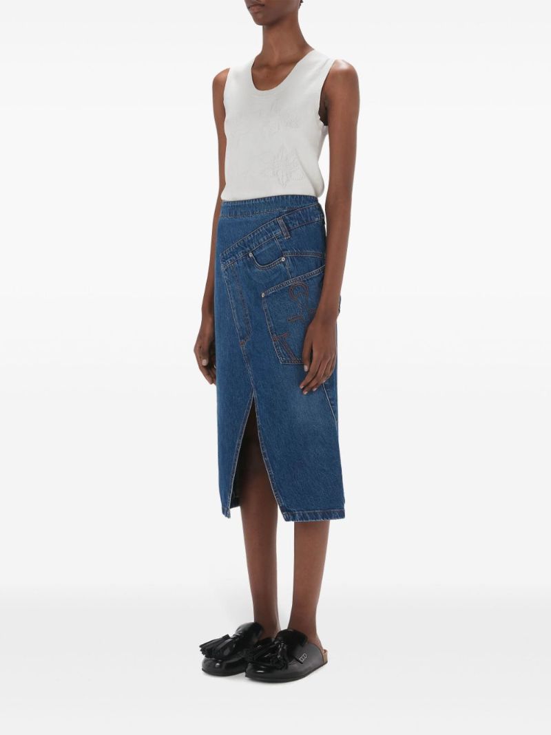 Blue Twisted Denim Midi Skirt