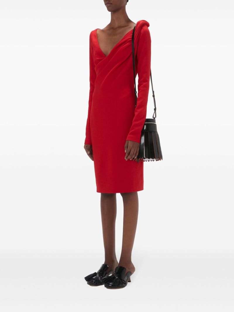 Red Draped Long-sleeve Midi Dress