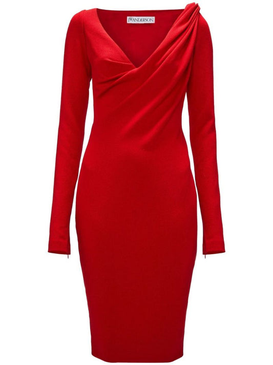 Red Draped Long-sleeve Midi Dress