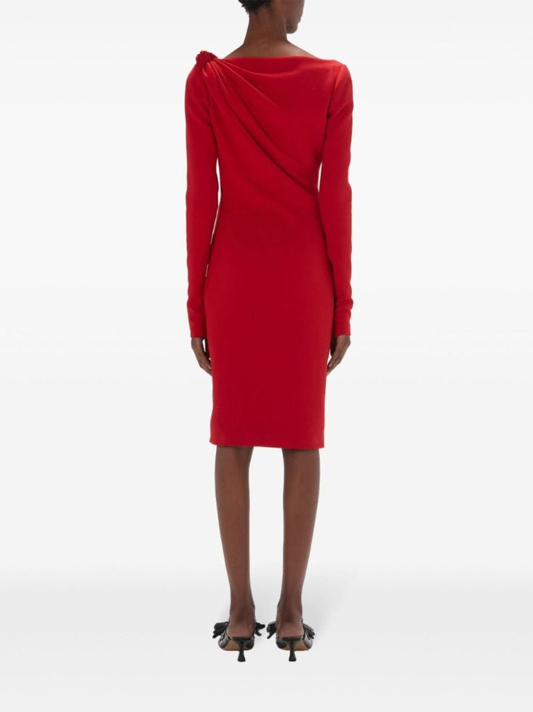 Red Draped Long-sleeve Midi Dress