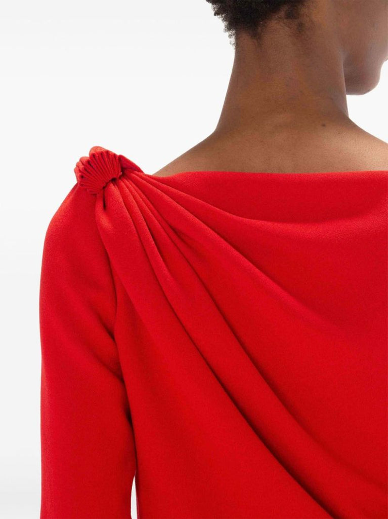 Red Draped Long-sleeve Midi Dress
