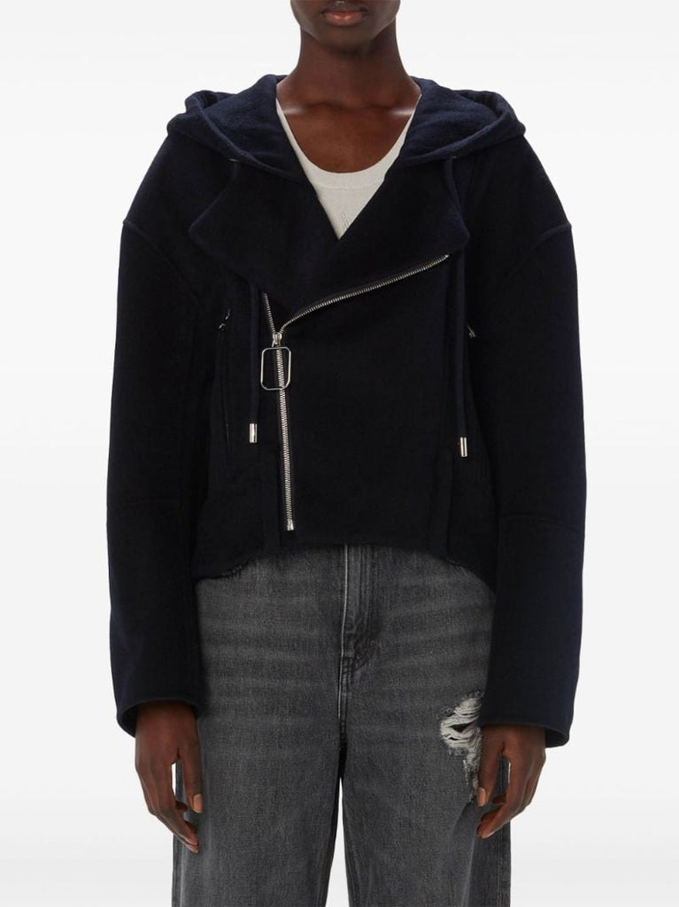 Blue Hooded Wool Biker Jacket