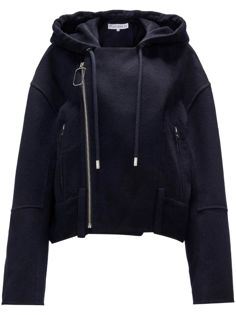 Blue Hooded Wool Biker Jacket