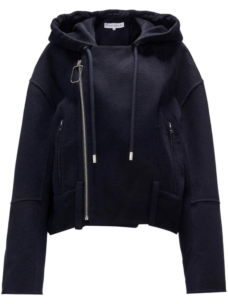 Blue Hooded Wool Biker Jacket