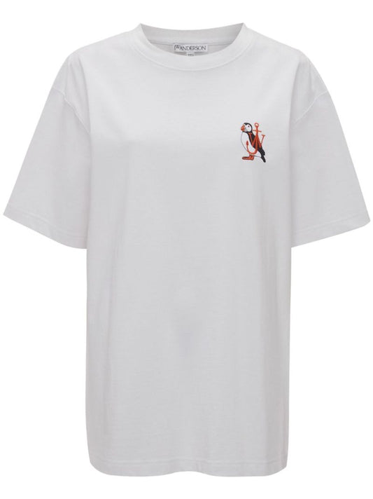 White Puffin-embroidered Organic Cotton T-shirt