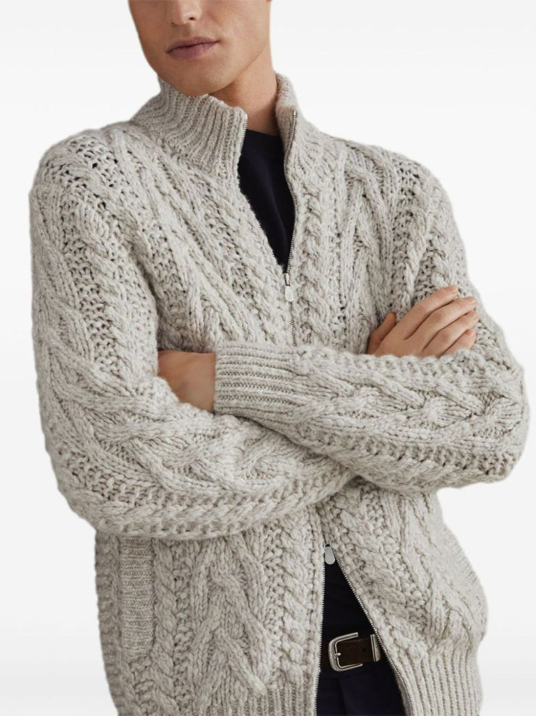 Neutral Cable-knit Zip-up Cardigan