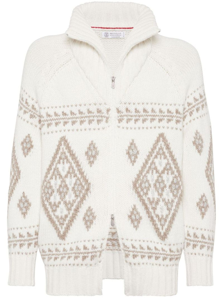 Neutral Intarsia-knit Zip-up Cardigan