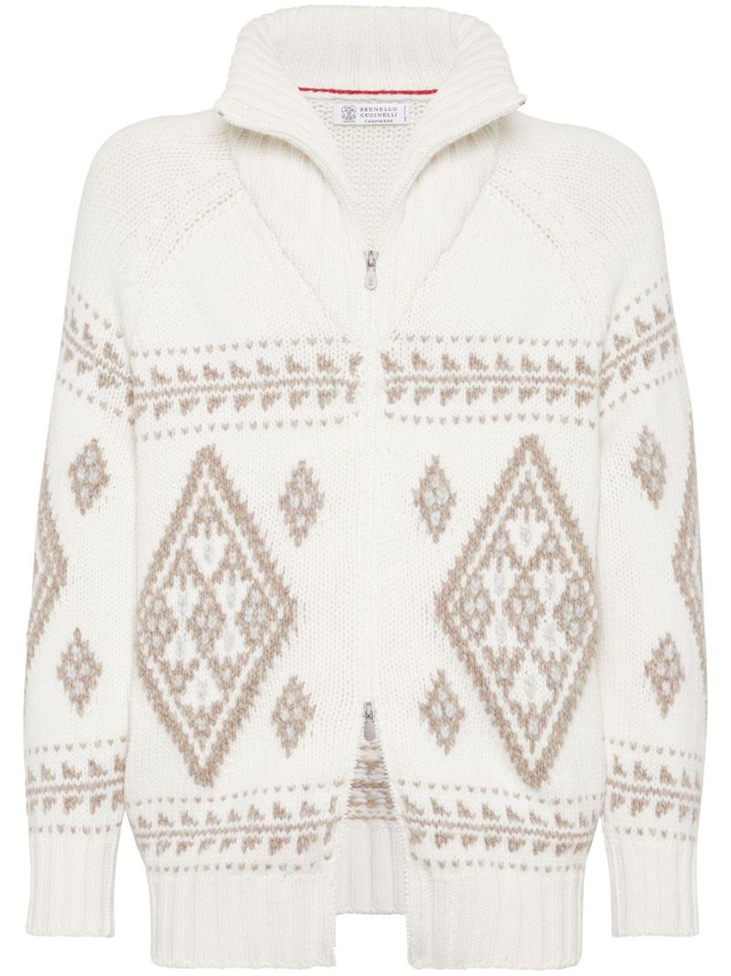 Neutral Intarsia-knit Zip-up Cardigan