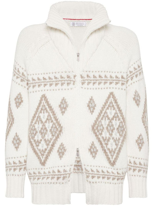 Neutral Intarsia-knit Zip-up Cardigan