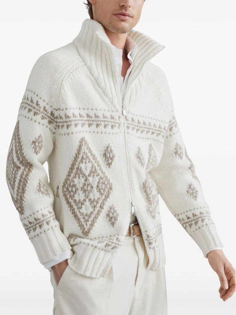 Neutral Intarsia-knit Zip-up Cardigan
