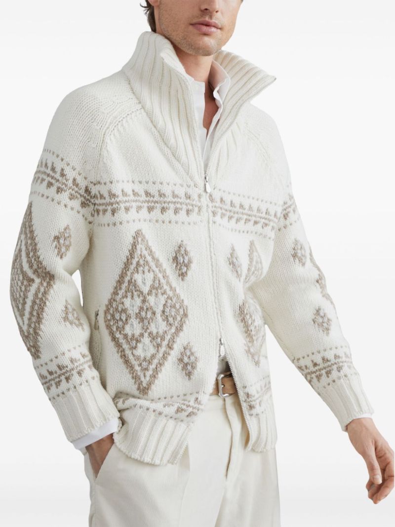 Neutral Intarsia-knit Zip-up Cardigan