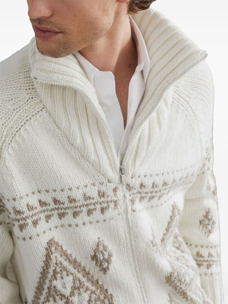Neutral Intarsia-knit Zip-up Cardigan
