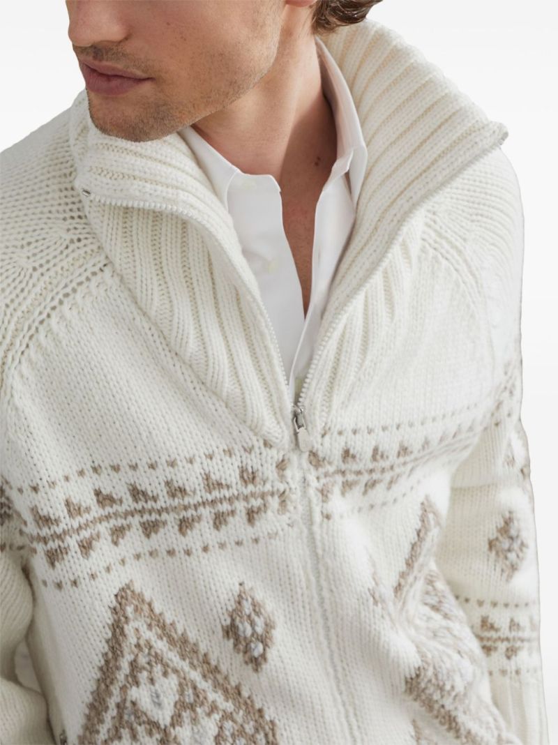 Neutral Intarsia-knit Zip-up Cardigan