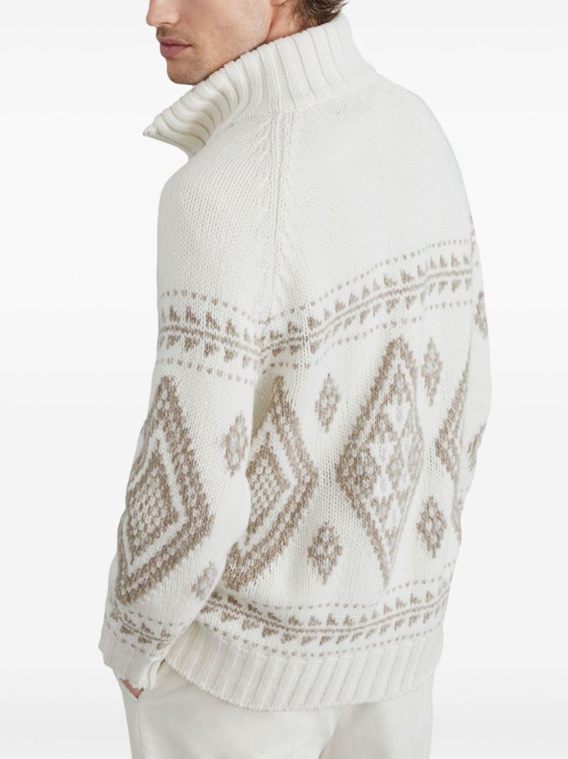 Neutral Intarsia-knit Zip-up Cardigan