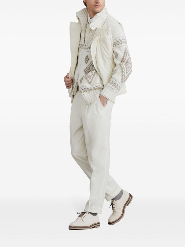 Neutral Intarsia-knit Zip-up Cardigan