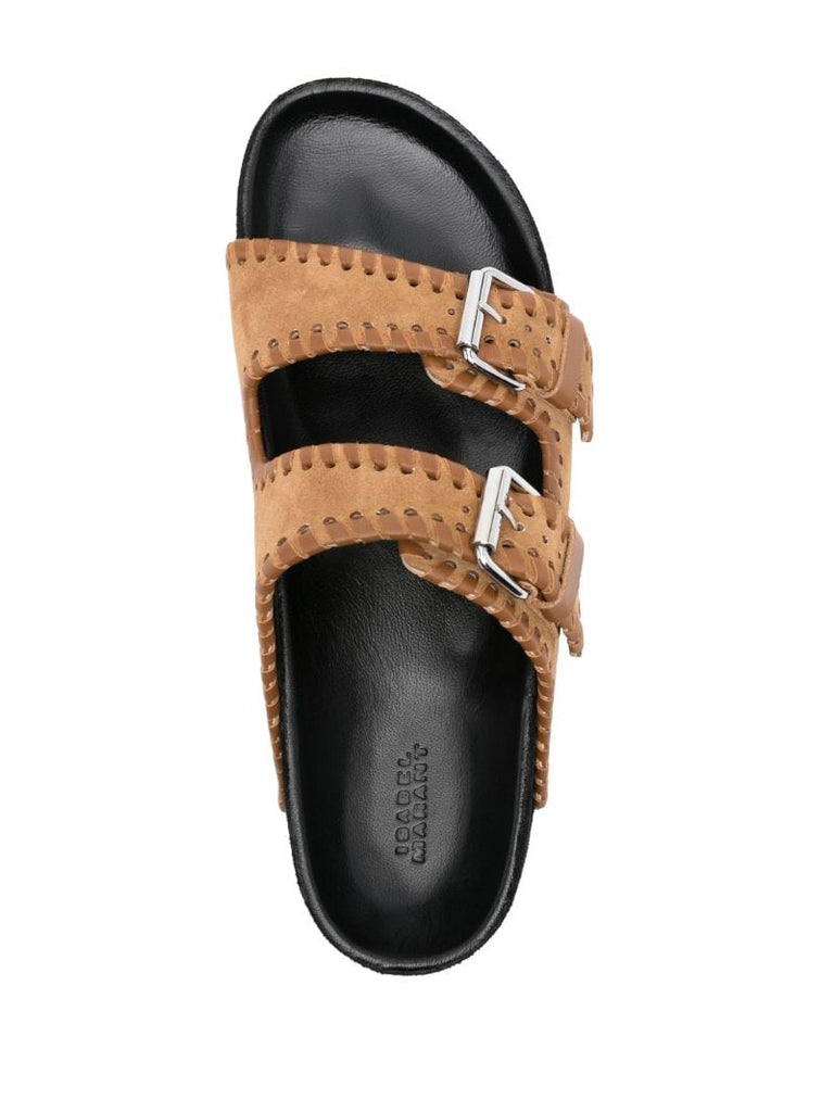 Brown Buckled Suede Slides