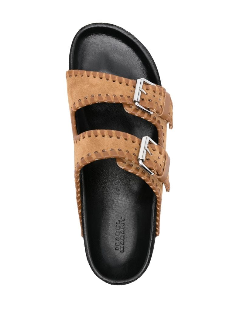 Brown Buckled Suede Slides