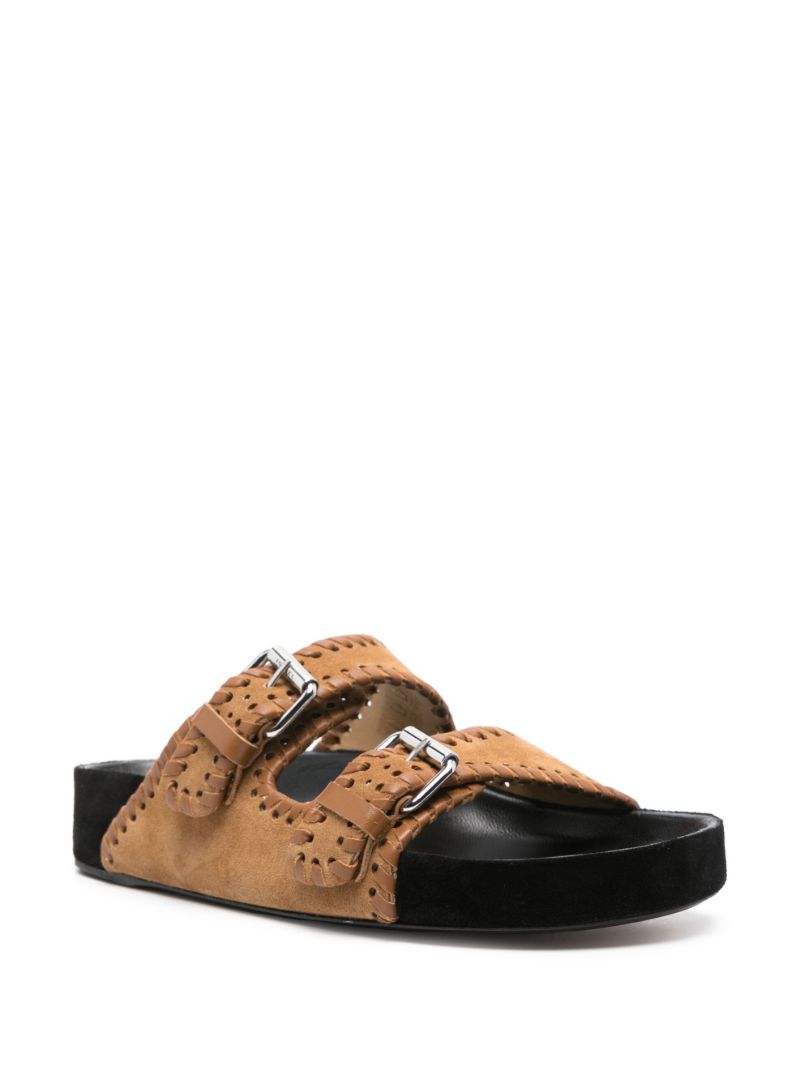 Brown Buckled Suede Slides