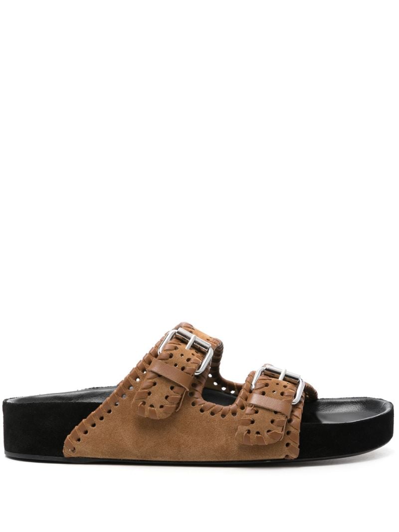 Brown Buckled Suede Slides