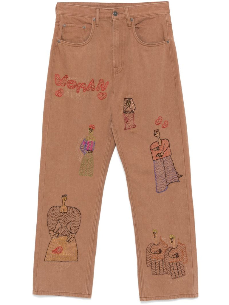Brown Woman-embroidered Jeans