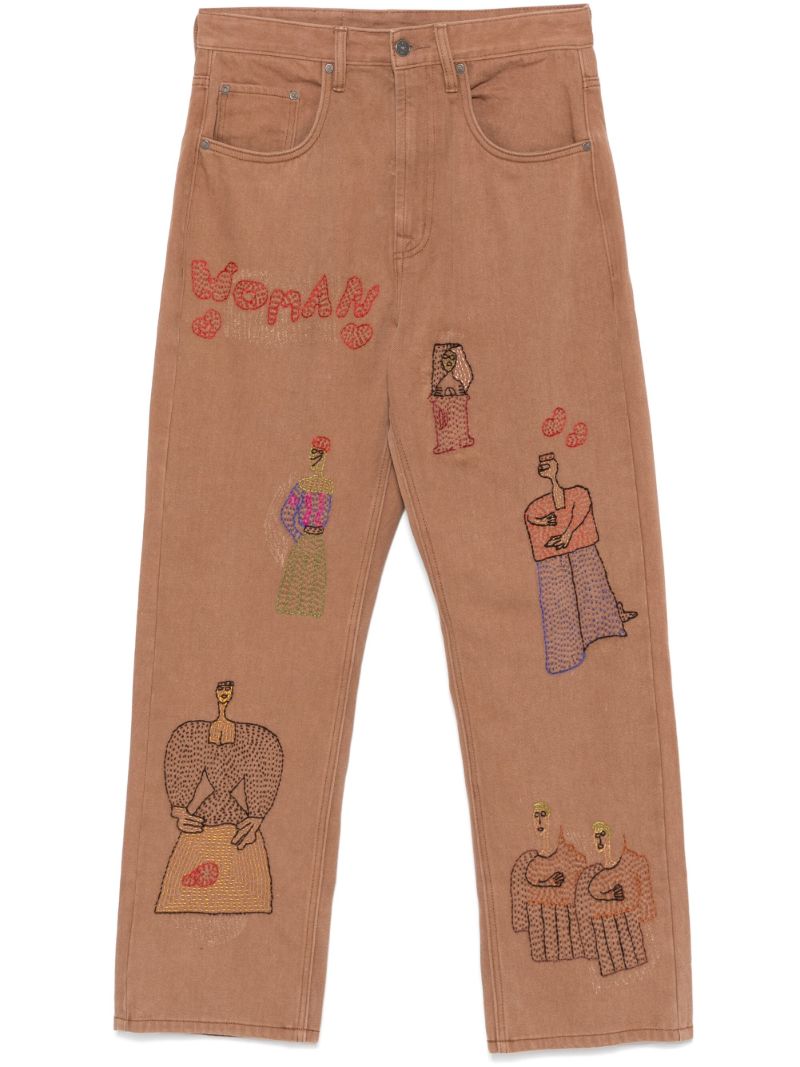 Brown Woman-embroidered Jeans