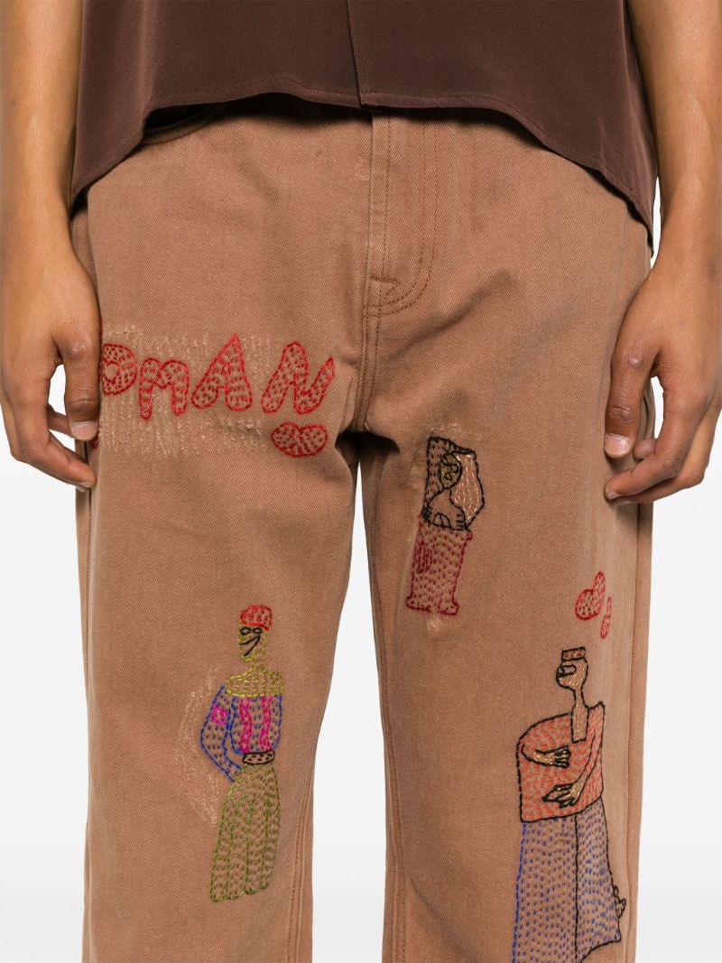 Brown Woman-embroidered Jeans