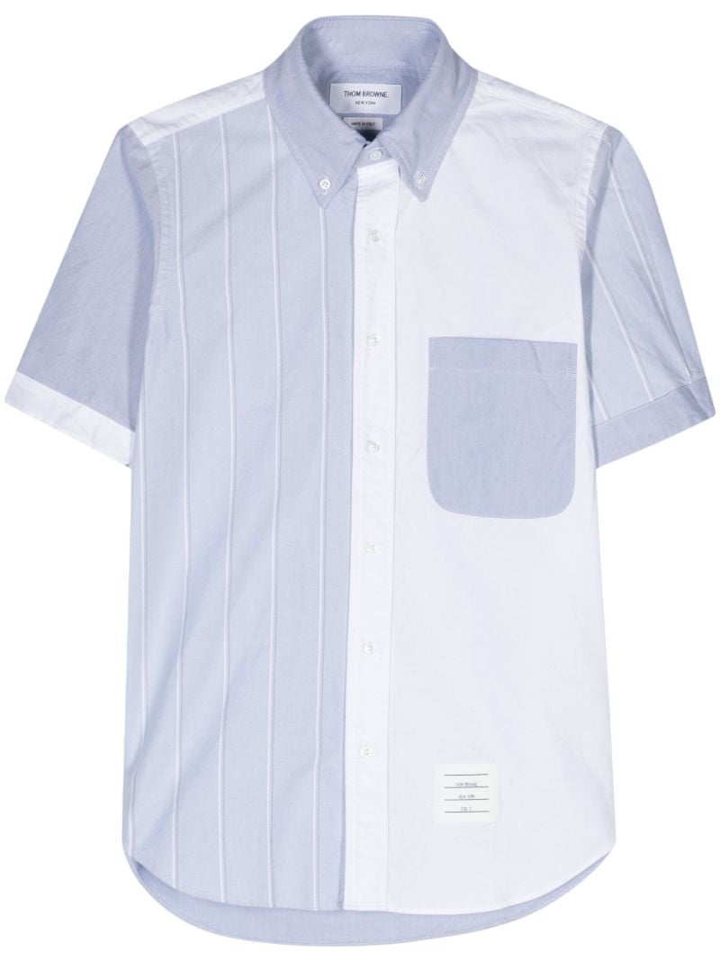 Blue and White Half-striped Short-sleeved Cotton Shirt