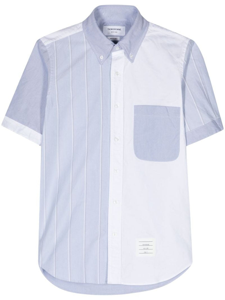 Blue and White Half-striped Short-sleeved Cotton Shirt