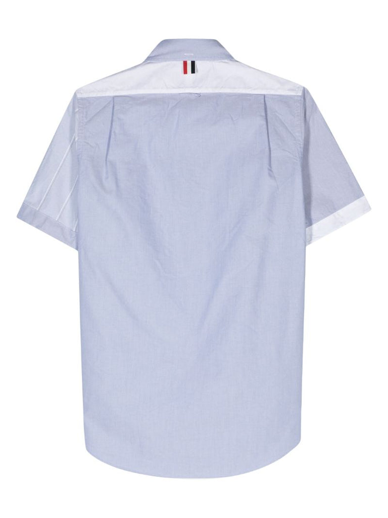 Blue and White Half-striped Short-sleeved Cotton Shirt