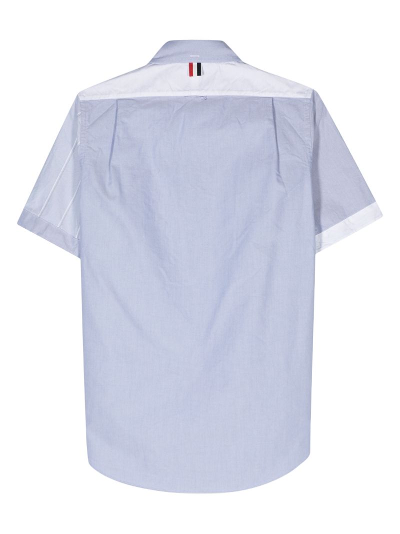 Blue and White Half-striped Short-sleeved Cotton Shirt
